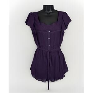 Y2K Fairycore LG Sheer Top Camisole 2 Piece Set Purple Button Pleat Belt Blouse